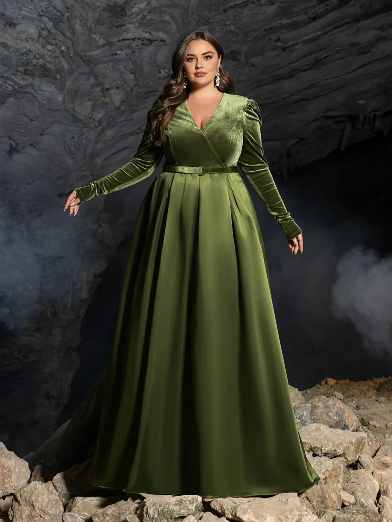 A-Line V Neck Long Sleeve Zipper Up Floor-Length Prom Dress
