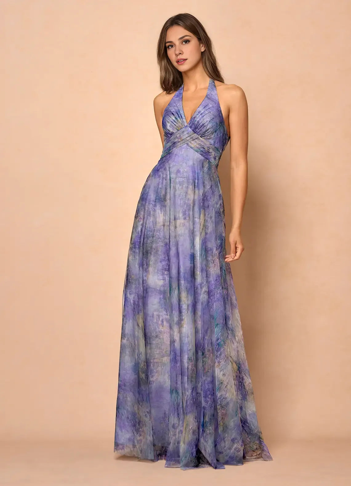 A-Line V Neck Sleeveless Backless Floor-Length Evening Dress