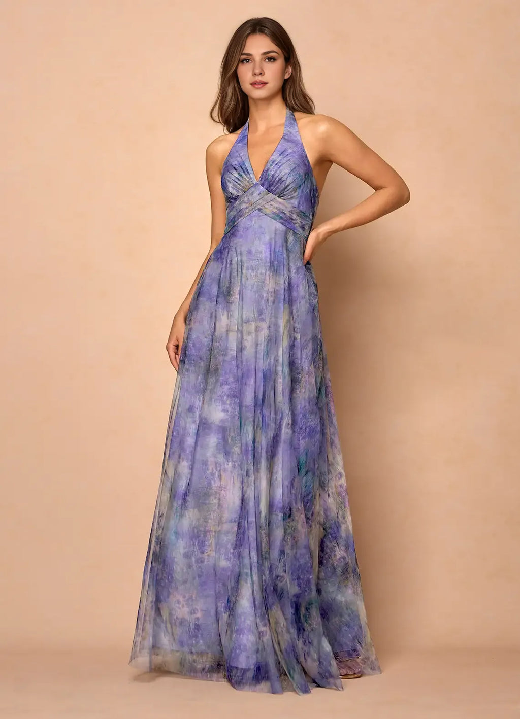 A-Line V Neck Sleeveless Backless Floor-Length Evening Dress