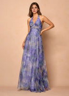 A-Line V Neck Sleeveless Backless Floor-Length Evening Dress