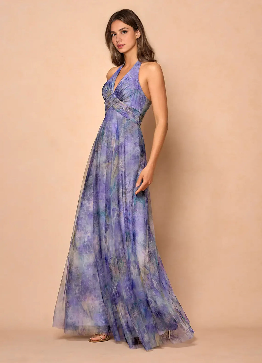A-Line V Neck Sleeveless Backless Floor-Length Evening Dress