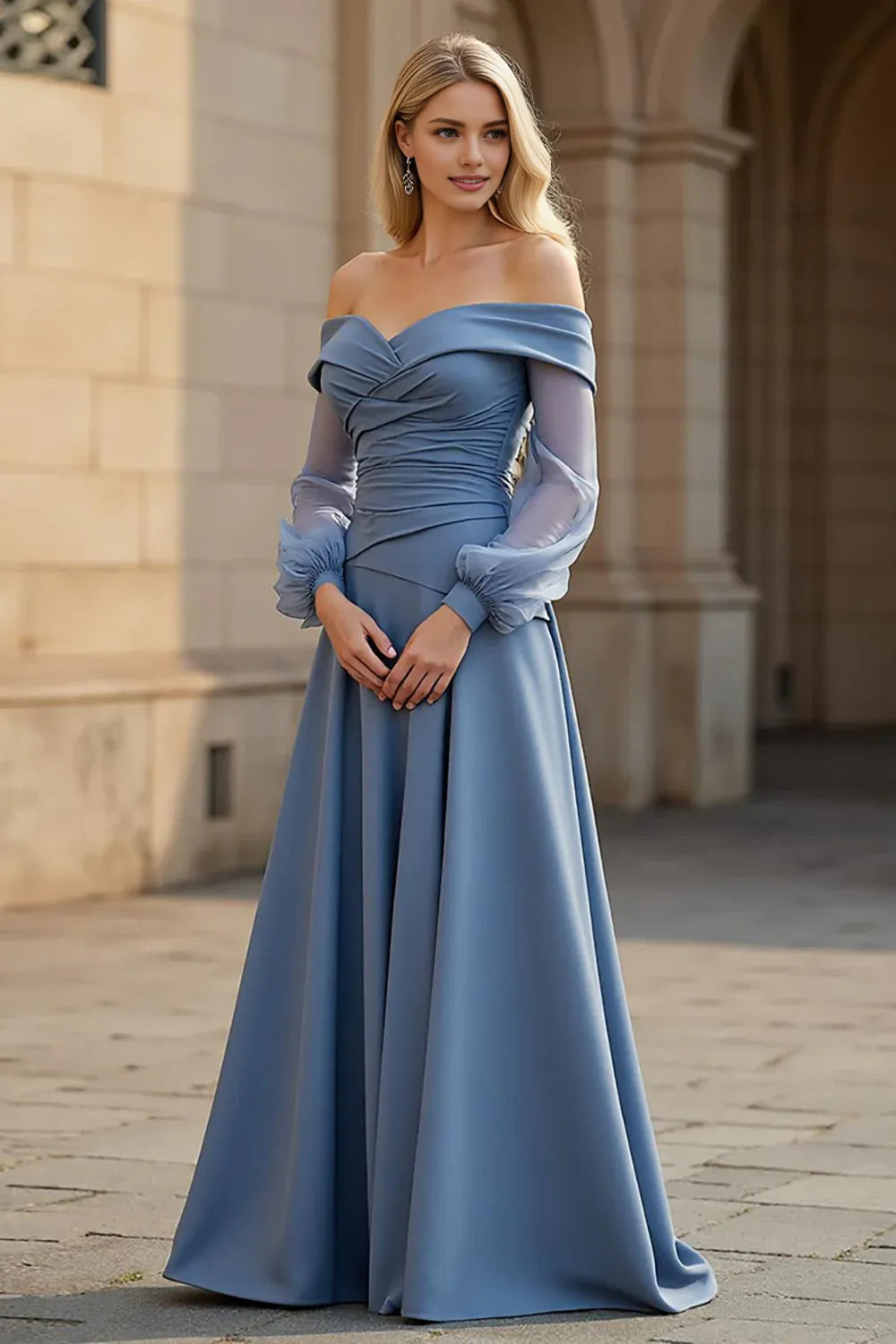 A Line Off the Shoulder Long Sleeve Backless Floor-Length Prom Dress