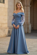 A Line Off the Shoulder Long Sleeve Backless Floor-Length Prom Dress