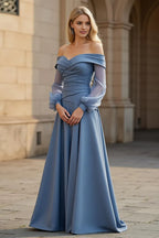 A Line Off the Shoulder Long Sleeve Backless Floor-Length Prom Dress