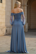 A Line Off the Shoulder Long Sleeve Backless Floor-Length Prom Dress