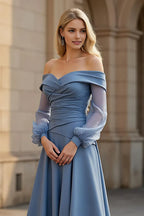 A Line Off the Shoulder Long Sleeve Backless Floor-Length Prom Dress