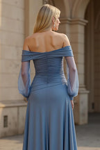 A Line Off the Shoulder Long Sleeve Backless Floor-Length Prom Dress