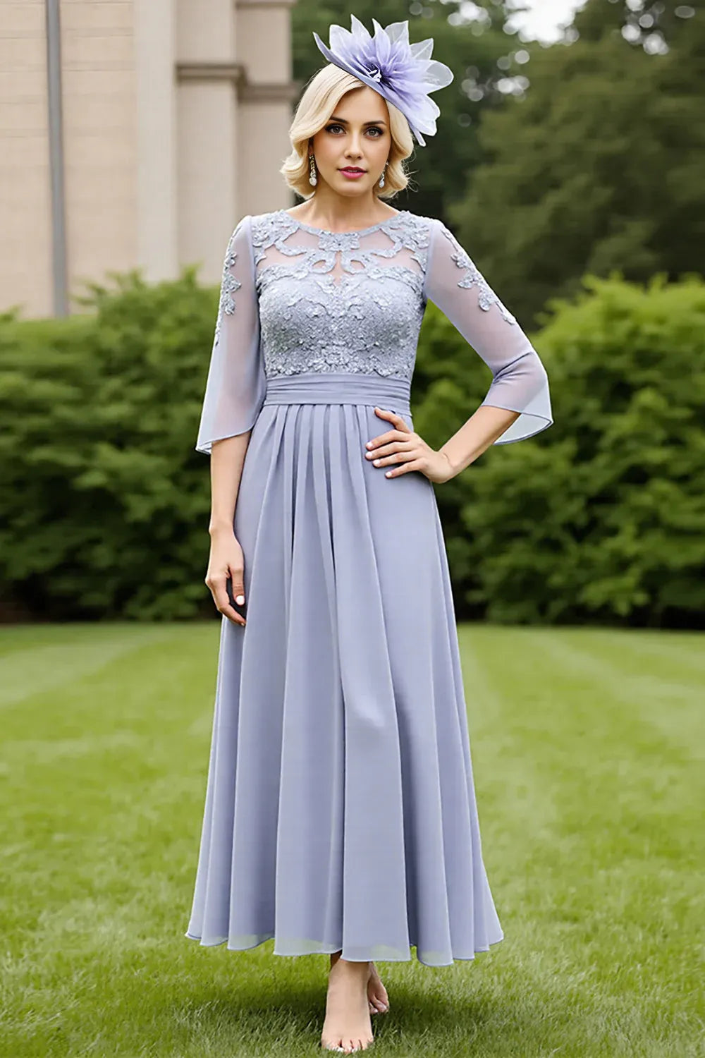 A Line Scoop-Neck Long Sleeve V Back Ankle-Length Mother of the Bride Dress