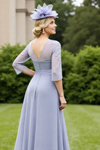 A Line Scoop-Neck Long Sleeve V Back Ankle-Length Mother of the Bride Dress