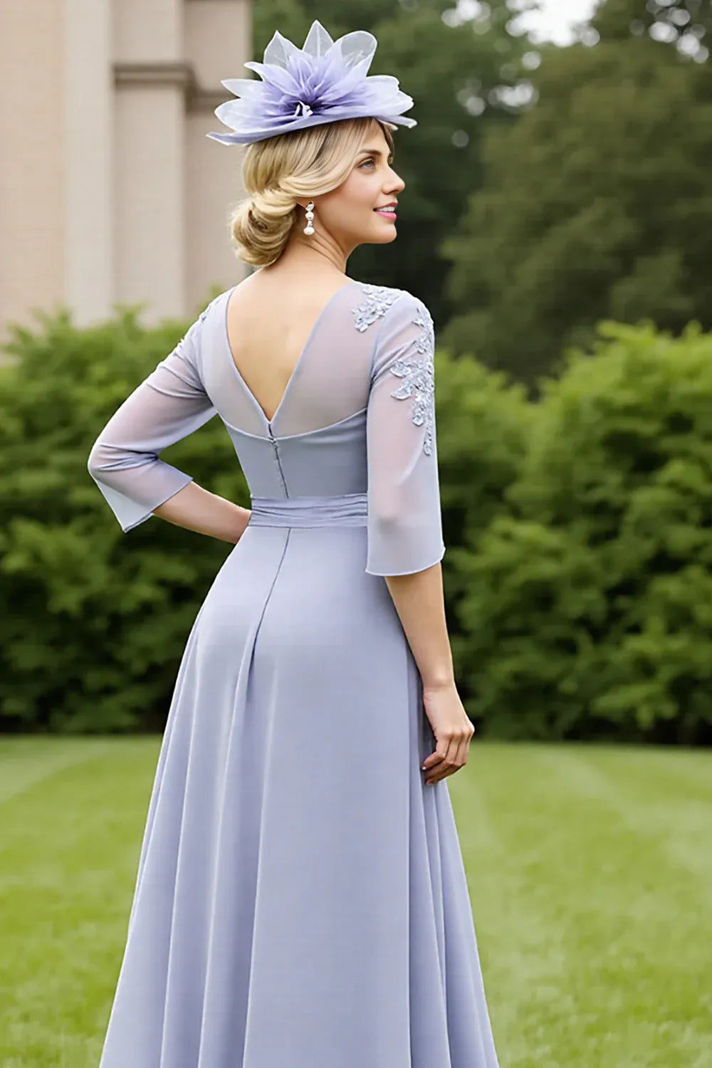 A Line Scoop-Neck Long Sleeve V Back Ankle-Length Mother of the Bride Dress