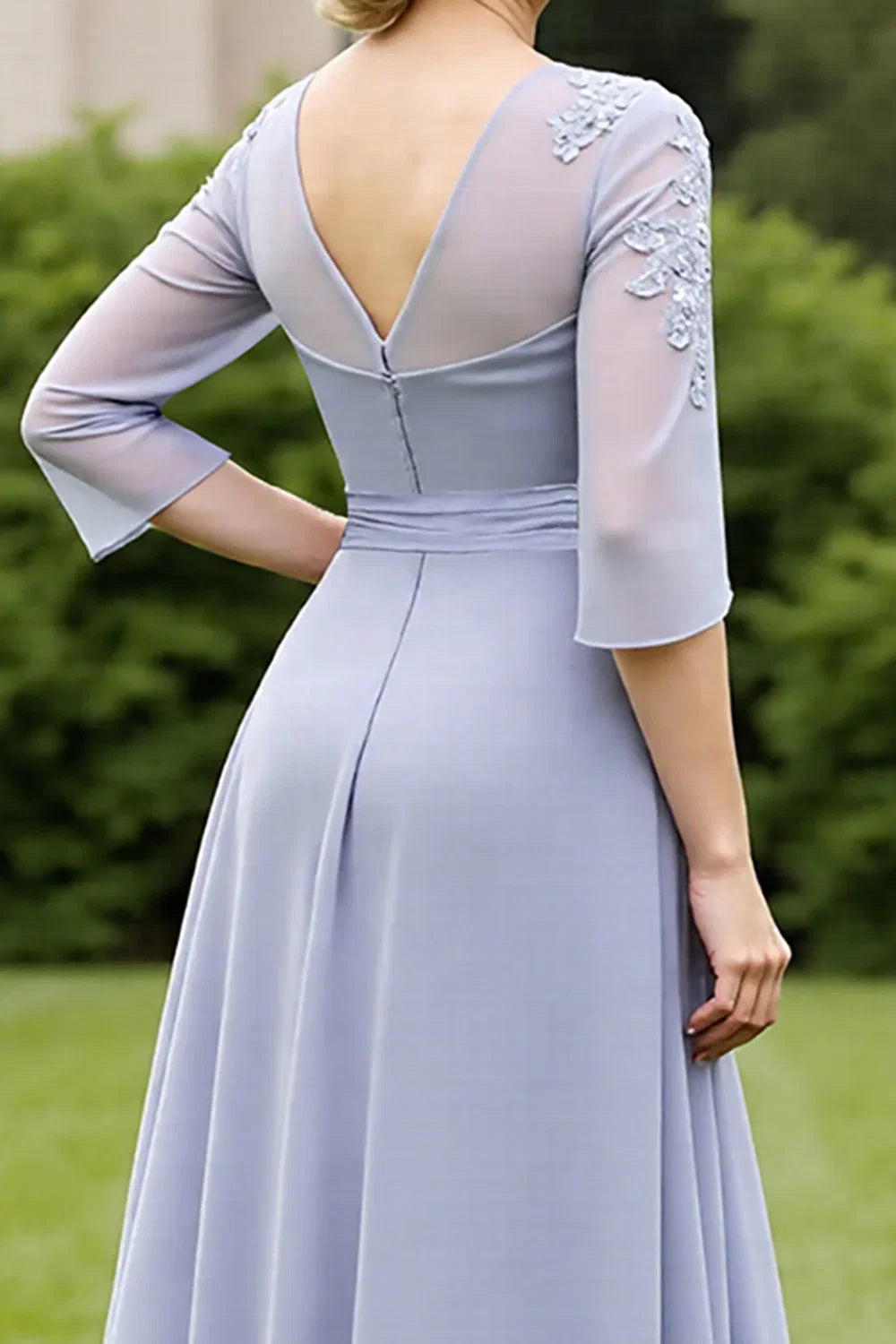 A Line Scoop-Neck Long Sleeve V Back Ankle-Length Mother of the Bride Dress