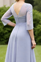 A Line Scoop-Neck Long Sleeve V Back Ankle-Length Mother of the Bride Dress