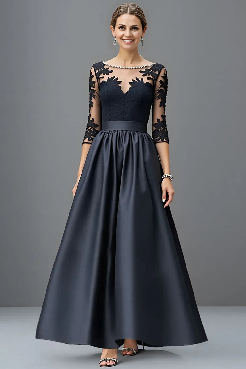 A Line Scoop Neck Long Sleeve Sheer Back Floor-Length Mother of the Bride Dress