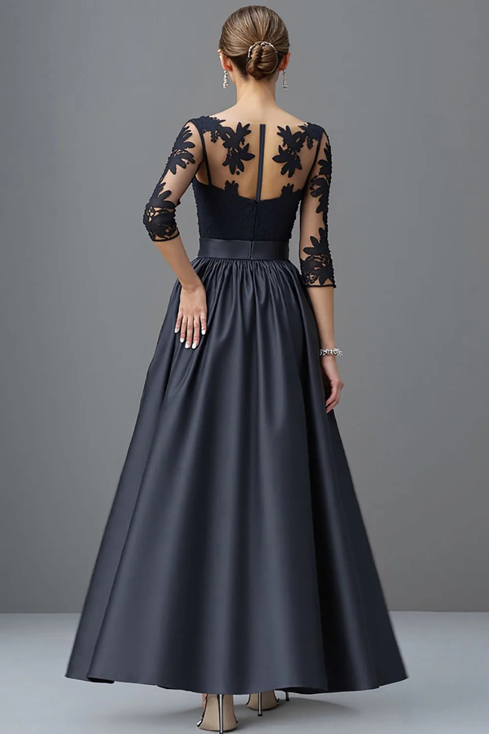 A Line Scoop Neck Long Sleeve Sheer Back Floor-Length Mother of the Bride Dress