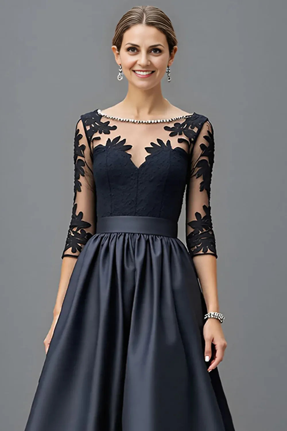A Line Scoop Neck Long Sleeve Sheer Back Floor-Length Mother of the Bride Dress
