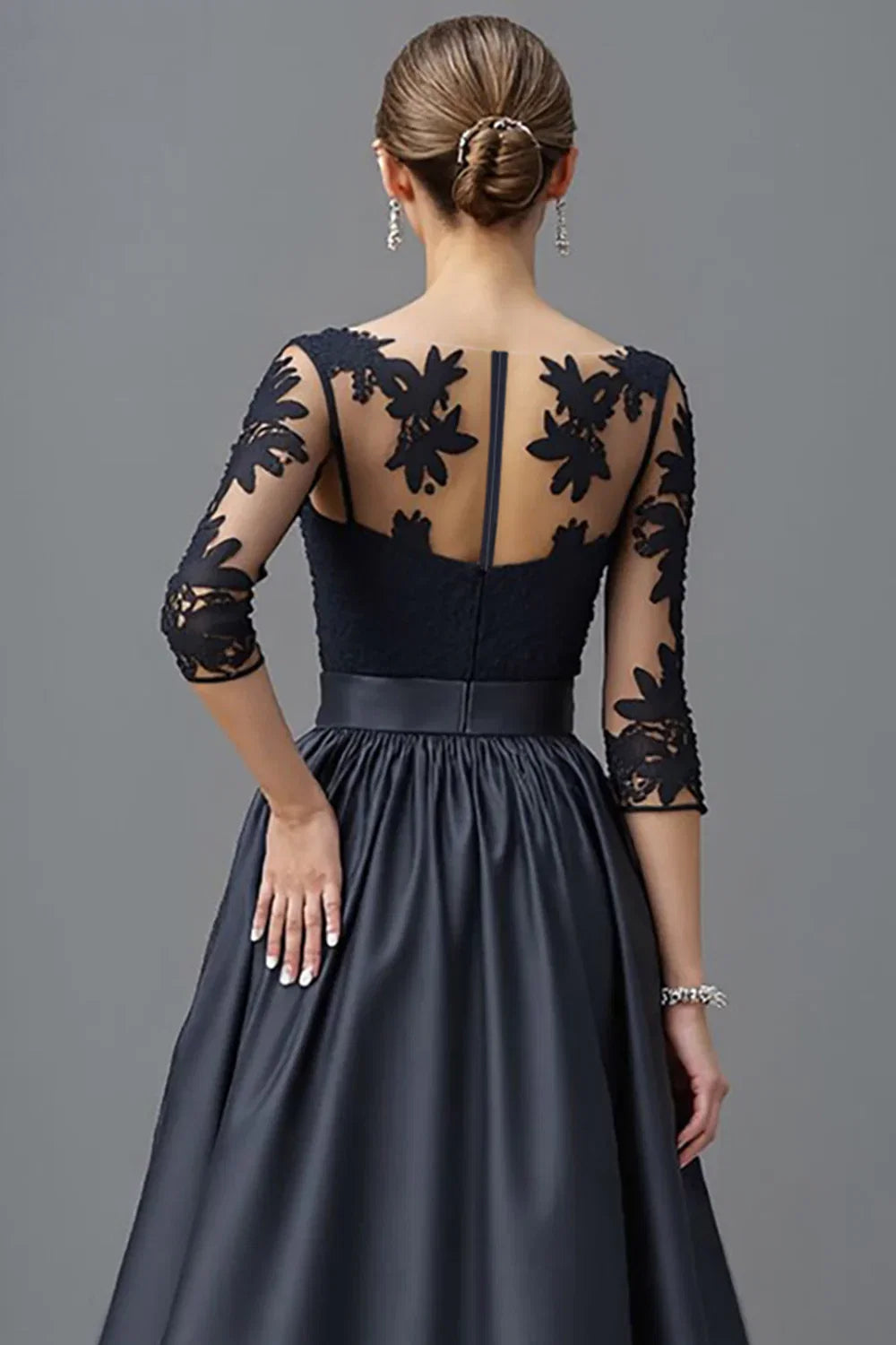 A Line Scoop Neck Long Sleeve Sheer Back Floor-Length Mother of the Bride Dress