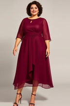A Line Scoop Neck Long Sleeves Zipper Up Tea-Length Plus Size Mother of the Bride Dress