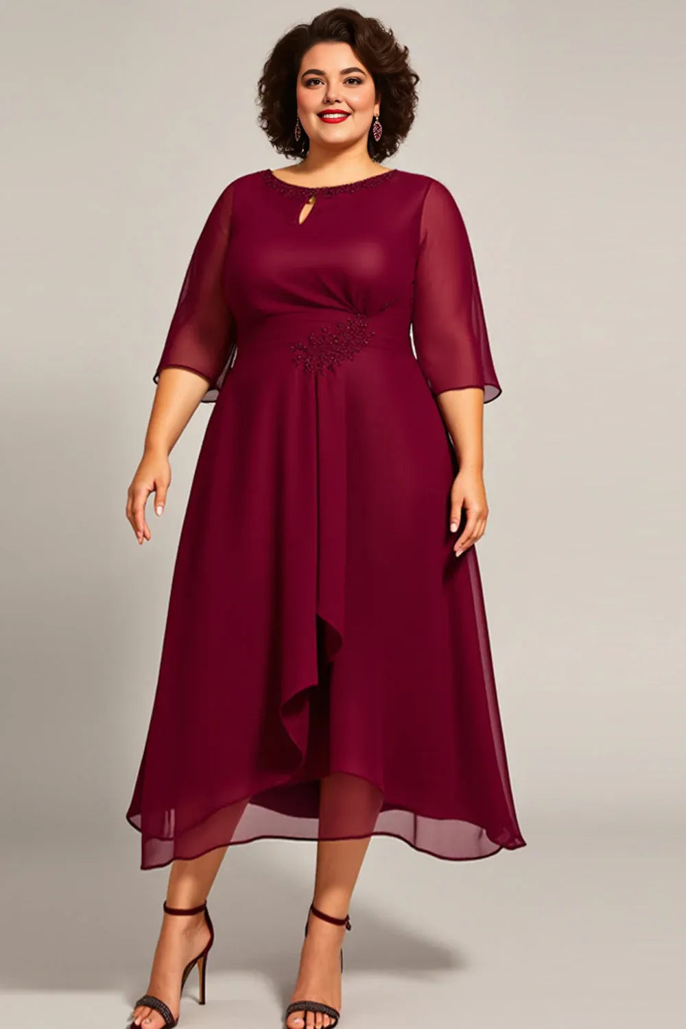 A Line Scoop Neck Long Sleeves Zipper Up Tea-Length Plus Size Mother of the Bride Dress