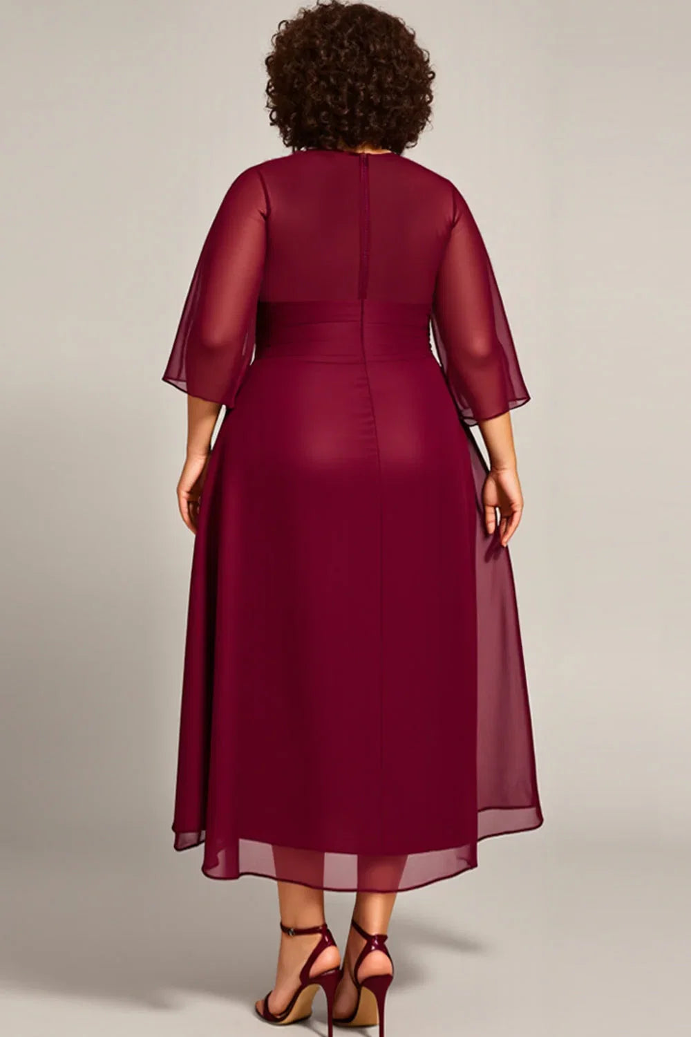 A Line Scoop Neck Long Sleeves Zipper Up Tea-Length Plus Size Mother of the Bride Dress