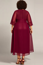 A Line Scoop Neck Long Sleeves Zipper Up Tea-Length Plus Size Mother of the Bride Dress