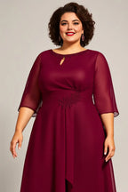 A Line Scoop Neck Long Sleeves Zipper Up Tea-Length Plus Size Mother of the Bride Dress