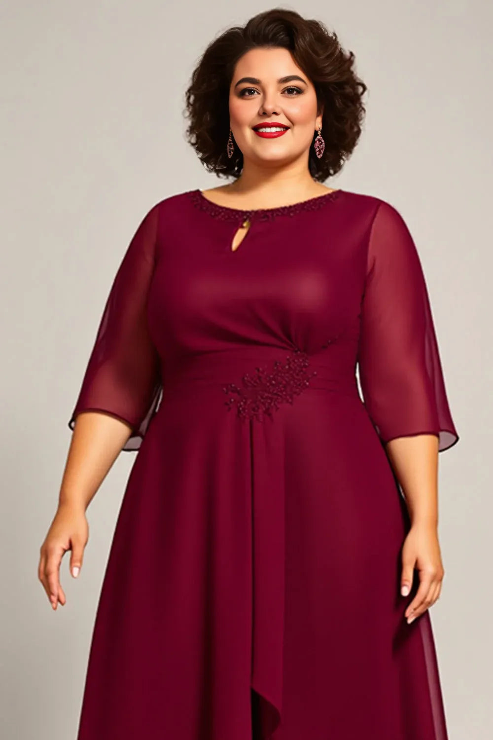 A Line Scoop Neck Long Sleeves Zipper Up Tea-Length Plus Size Mother of the Bride Dress