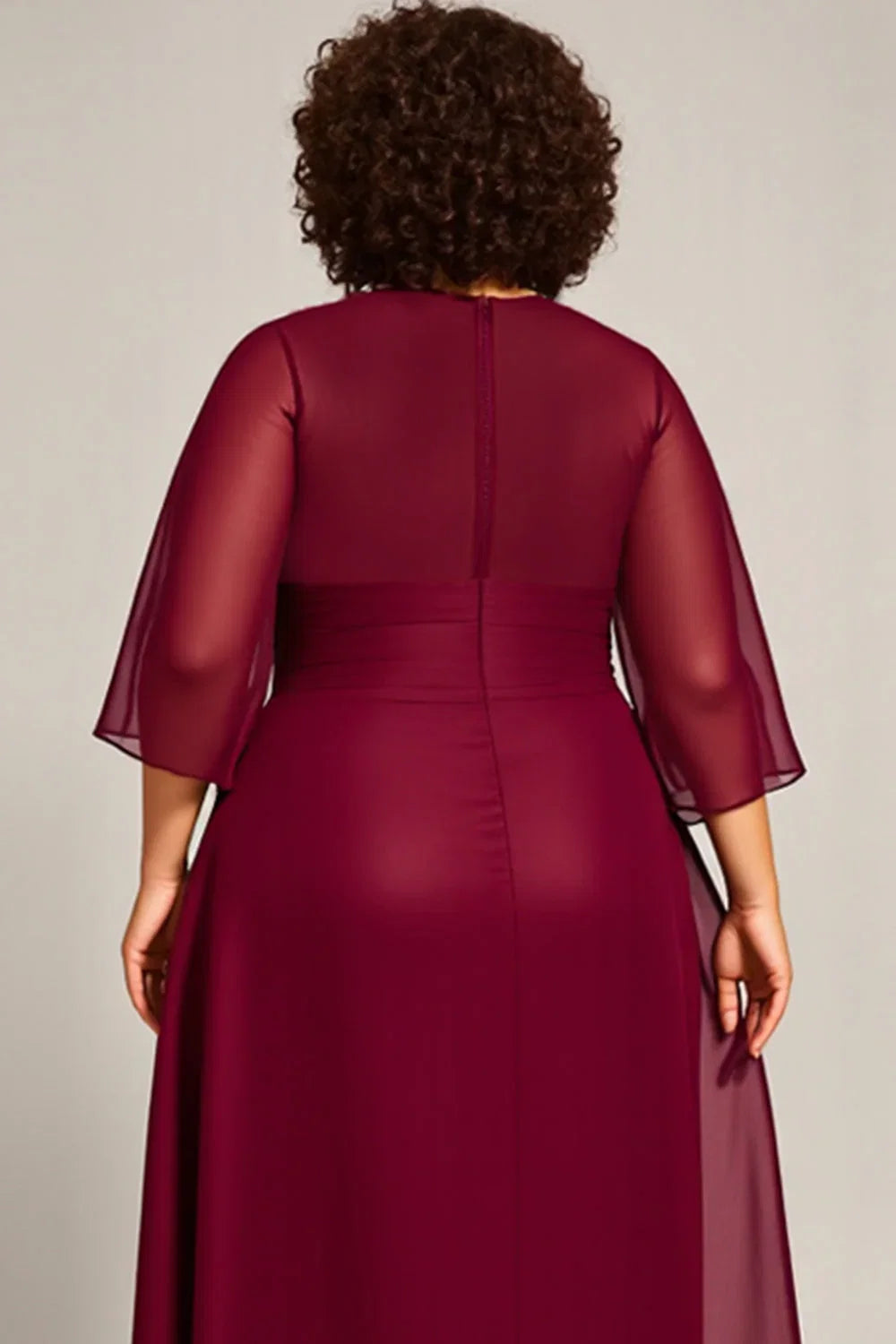 A Line Scoop Neck Long Sleeves Zipper Up Tea-Length Plus Size Mother of the Bride Dress