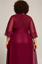 A Line Scoop Neck Long Sleeves Zipper Up Tea-Length Plus Size Mother of the Bride Dress