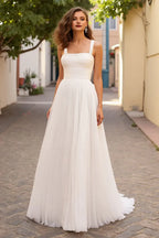 A Line Square Neck Sleeveless Sweep Train Wedding Dress
