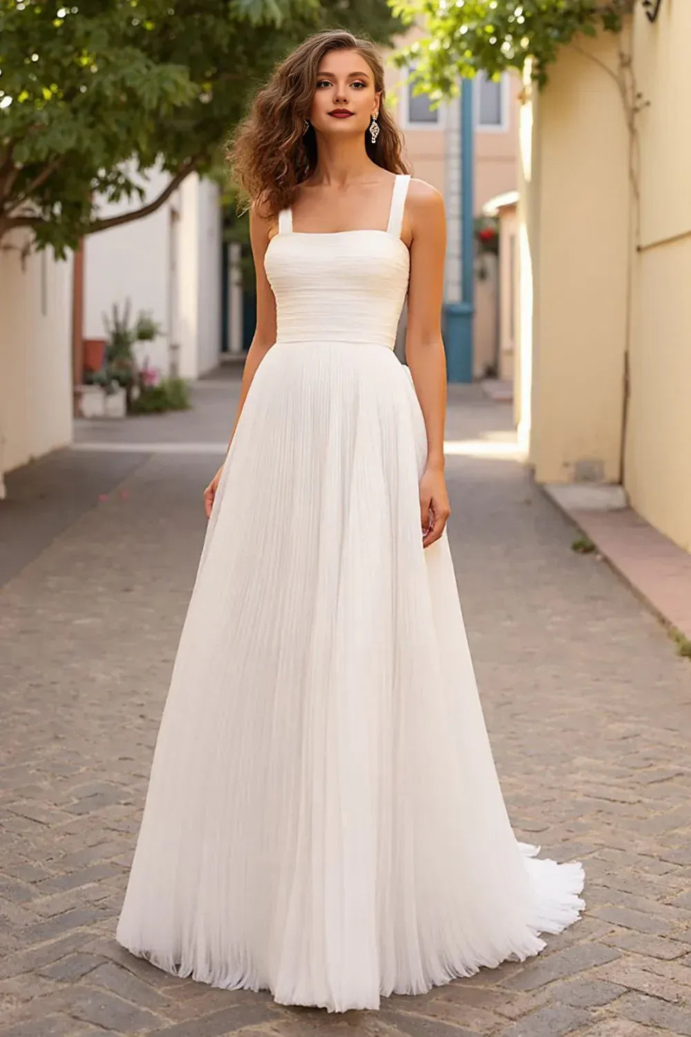 A Line Square Neck Sleeveless Sweep Train Wedding Dress