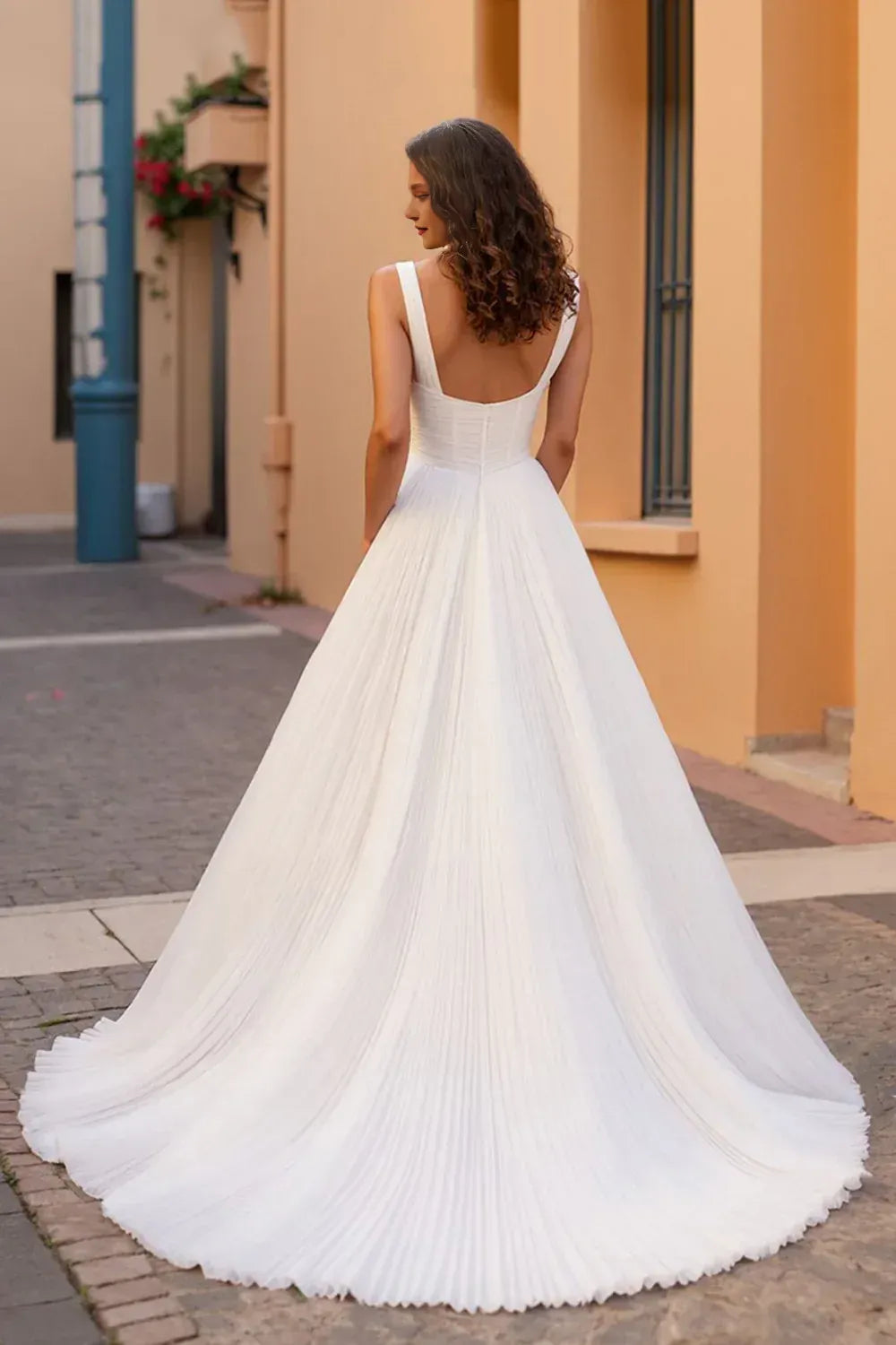 A Line Square Neck Sleeveless Sweep Train Wedding Dress