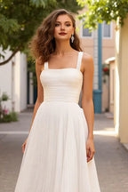 A Line Square Neck Sleeveless Sweep Train Wedding Dress