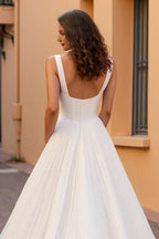A Line Square Neck Sleeveless Sweep Train Wedding Dress