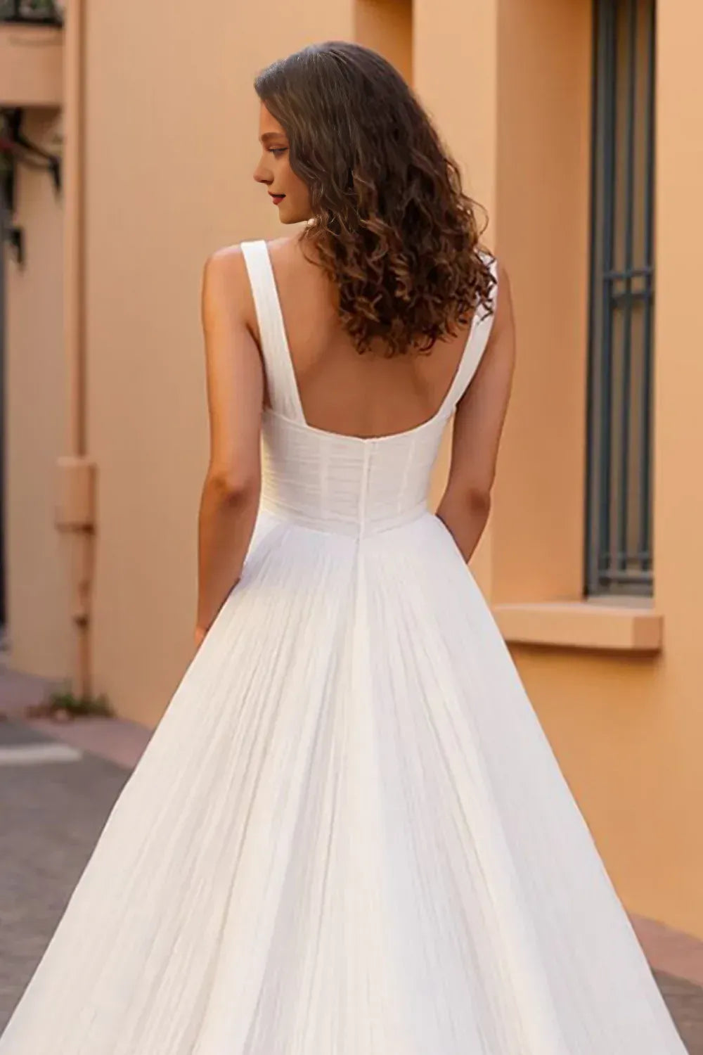 A Line Square Neck Sleeveless Sweep Train Wedding Dress