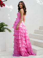A Line Strapless Sleeveless Open Back Sweep/Brush Train Prom Dress