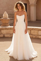 A Line Strapless Sleeveless Pleated Sweep Train Wedding Dress