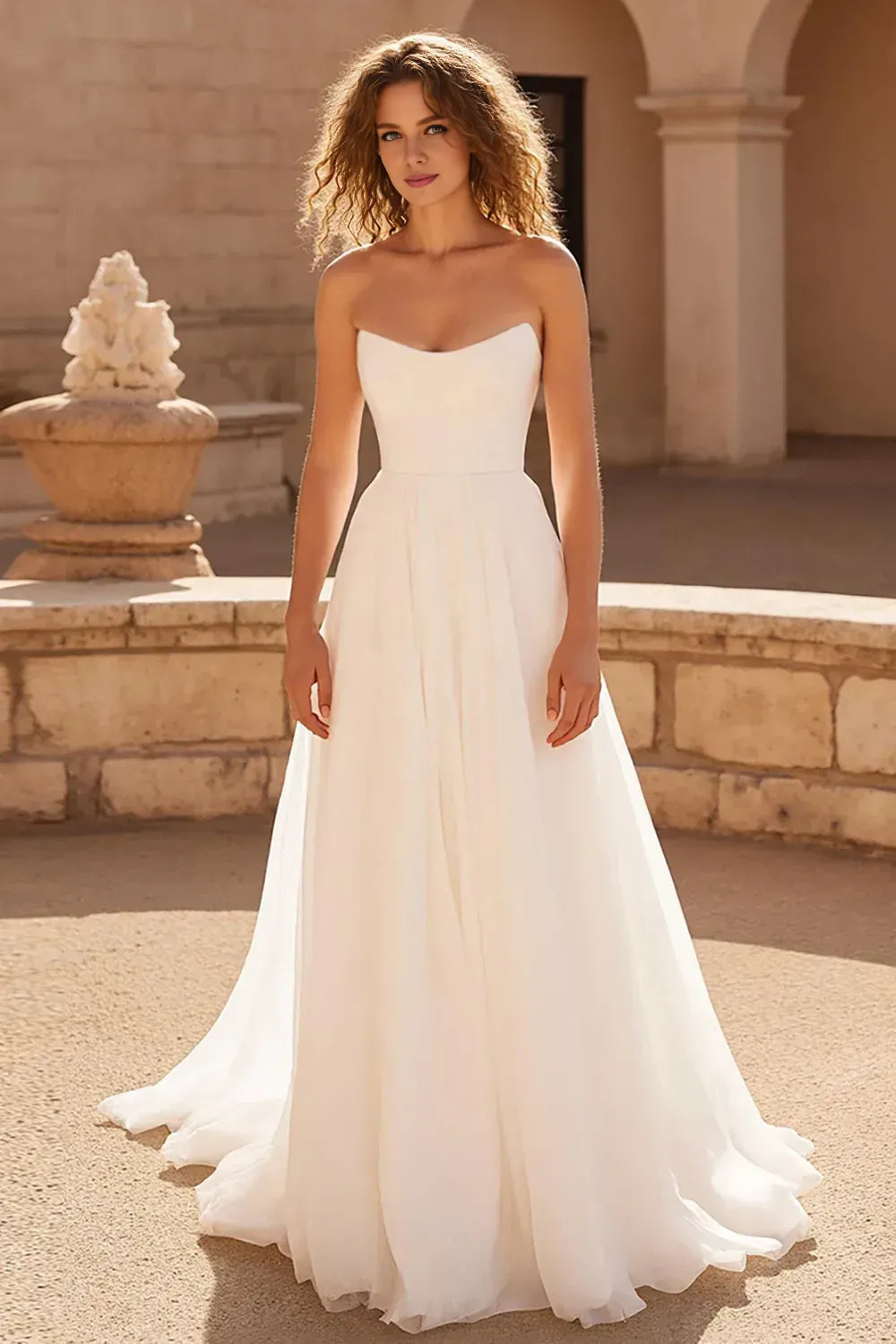 A Line Strapless Sleeveless Pleated Sweep Train Wedding Dress