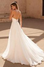 A Line Strapless Sleeveless Pleated Sweep Train Wedding Dress