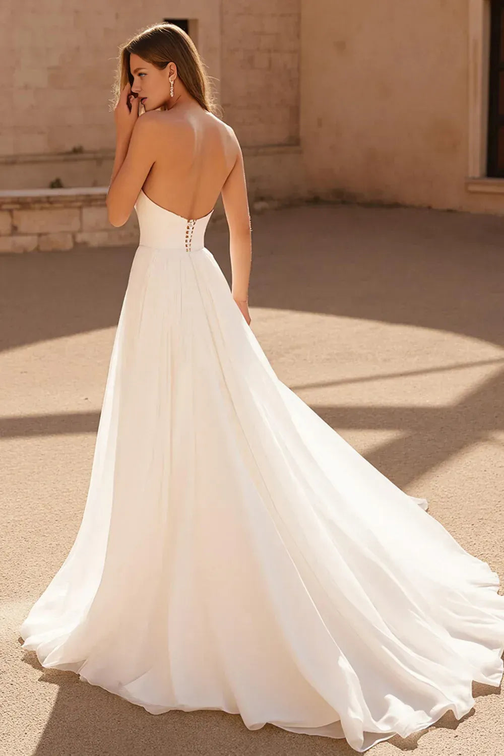 A Line Strapless Sleeveless Pleated Sweep Train Wedding Dress