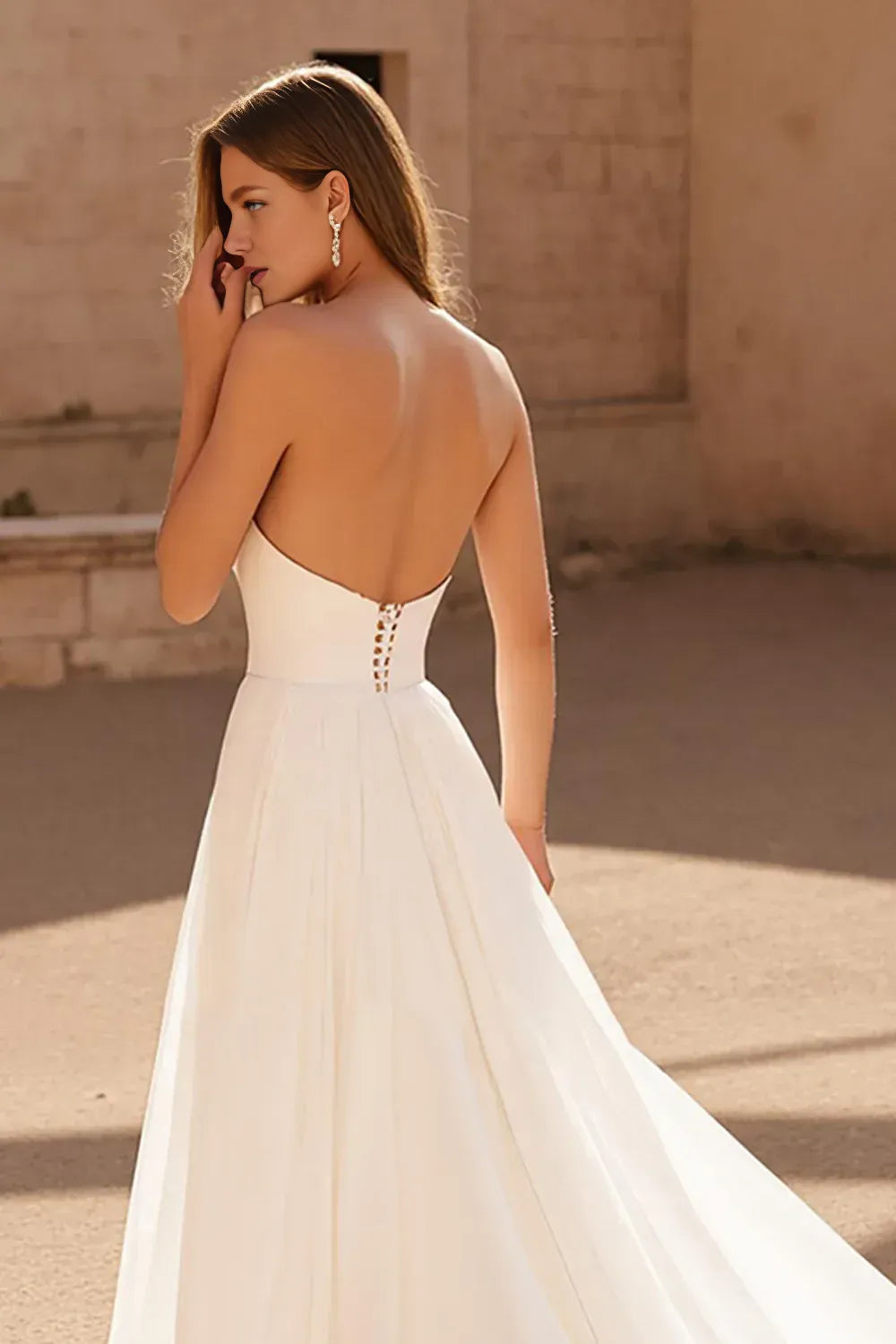 A Line Strapless Sleeveless Pleated Sweep Train Wedding Dress