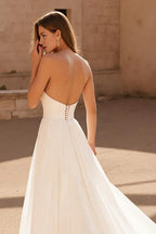 A Line Strapless Sleeveless Pleated Sweep Train Wedding Dress
