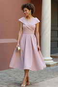 A Line V-Neck Cap Sleeve Zipper Up Tea-Length Mother of the Bride Dress