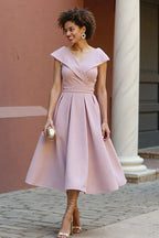 A Line V-Neck Cap Sleeve Zipper Up Tea-Length Mother of the Bride Dress
