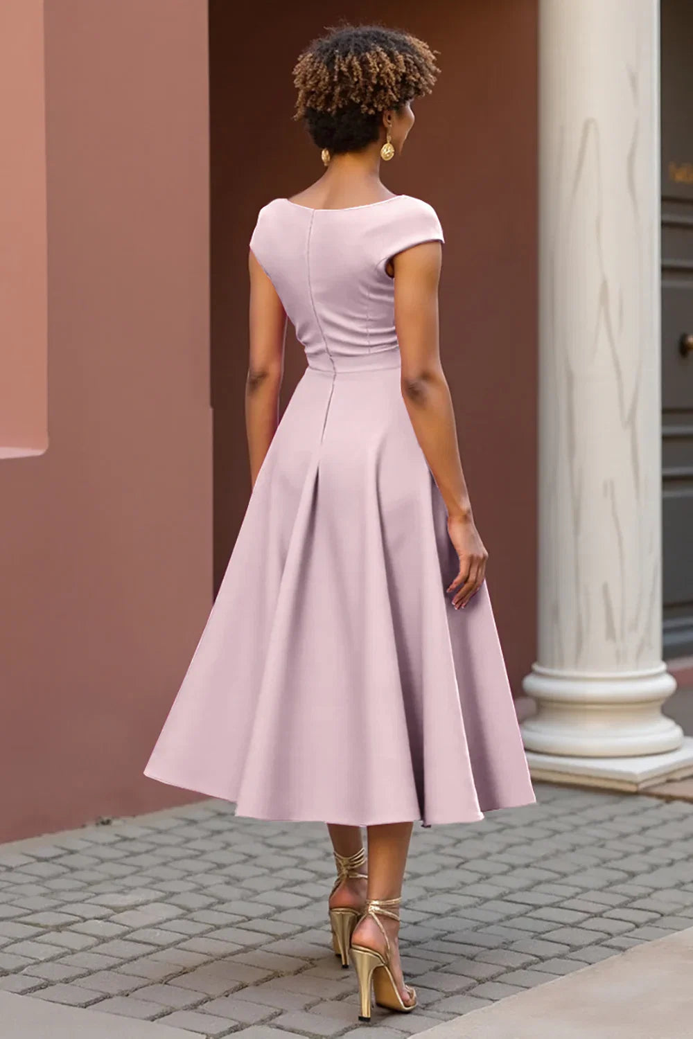 A Line V-Neck Cap Sleeve Zipper Up Tea-Length Mother of the Bride Dress