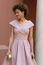 A Line V-Neck Cap Sleeve Zipper Up Tea-Length Mother of the Bride Dress