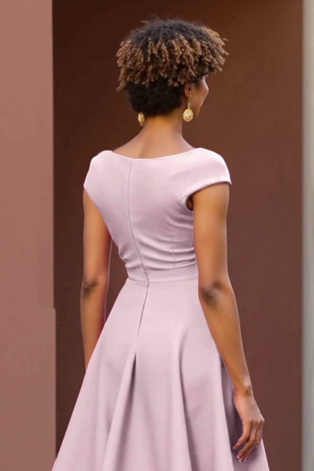 A Line V-Neck Cap Sleeve Zipper Up Tea-Length Mother of the Bride Dress