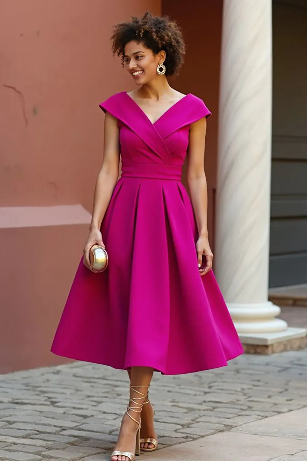 A Line V-Neck Cap Sleeve Zipper Up Tea-Length Mother of the Bride Dress