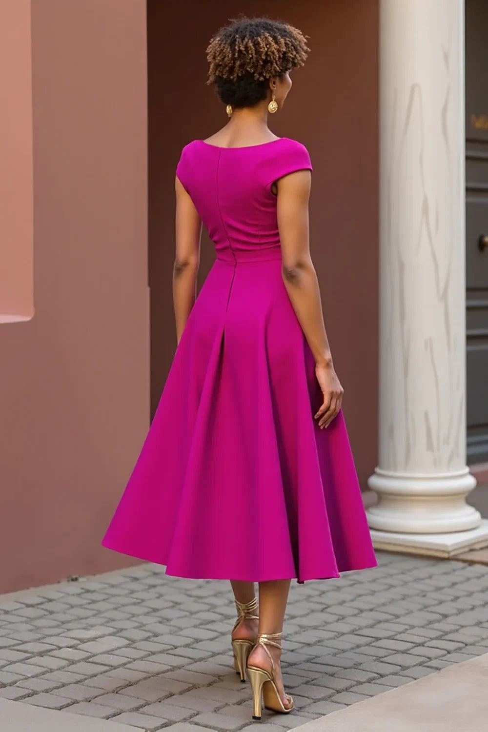 A Line V-Neck Cap Sleeve Zipper Up Tea-Length Mother of the Bride Dress