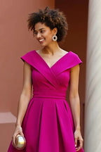 A Line V-Neck Cap Sleeve Zipper Up Tea-Length Mother of the Bride Dress