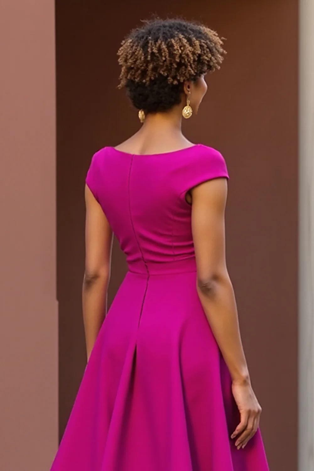 A Line V-Neck Cap Sleeve Zipper Up Tea-Length Mother of the Bride Dress